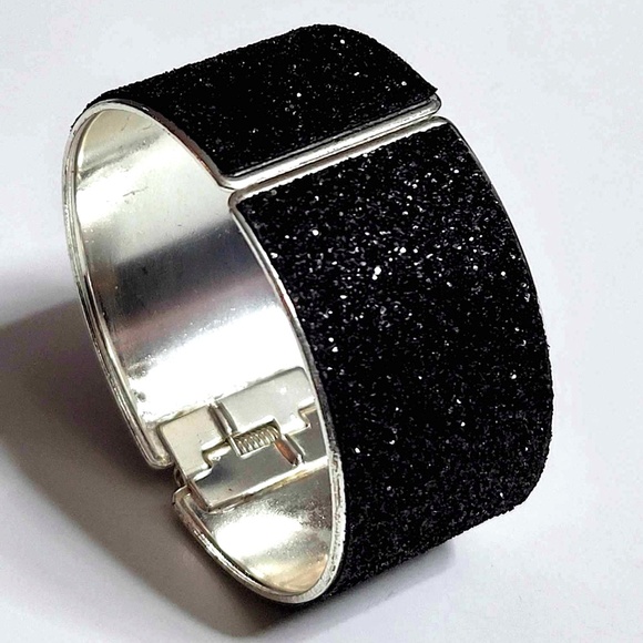 Silver Plated Jet Black Sparkle Spring Open Cuff Bracelet - Picture 1 of 10